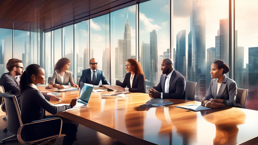 A sophisticated, modern boardroom scene with a diverse group of entrepreneurs sitting around a polished wood table, discussing documents and digital displays about transitioning to an S-Corporation en