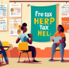 An inviting community center environment where diverse groups of people are receiving assistance from friendly volunteers with tax preparations, featuring posters on the wall with tips for tax filing and a banner reading 'Free Tax Help Here'.