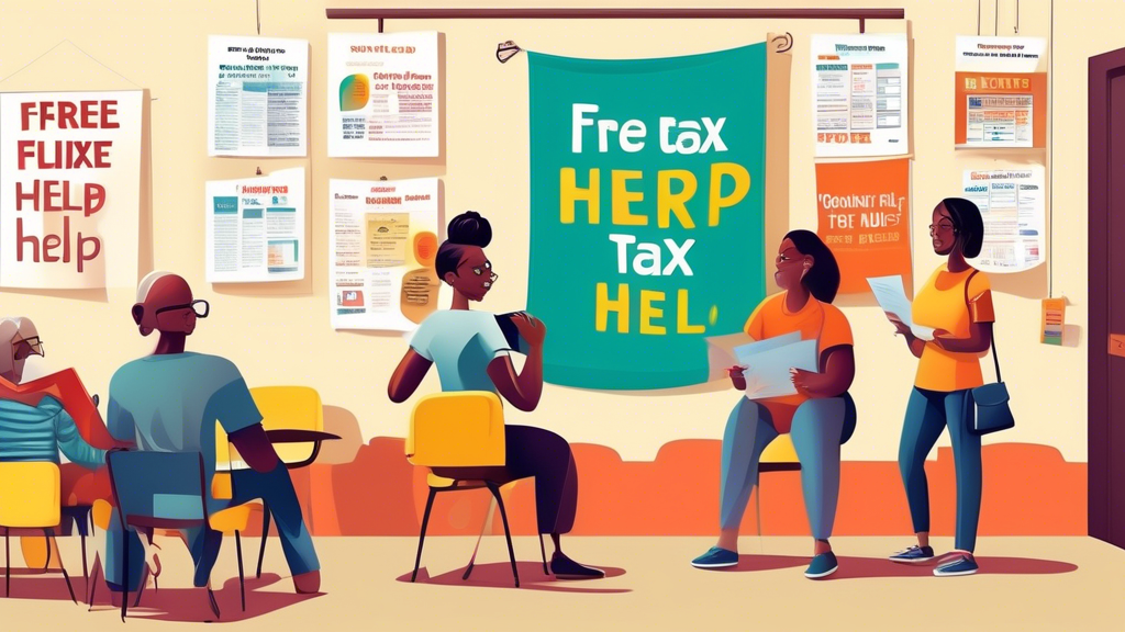 An inviting community center environment where diverse groups of people are receiving assistance from friendly volunteers with tax preparations, featuring posters on the wall with tips for tax filing and a banner reading 'Free Tax Help Here'.