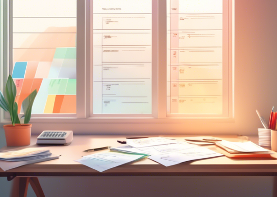 A serene, organized office space with a clear, visible planner, a graph showing a downward trend on debt reduction, a calendar with marked payment dates, and financial books on smart spending, illumin