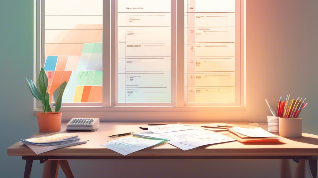 A serene, organized office space with a clear, visible planner, a graph showing a downward trend on debt reduction, a calendar with marked payment dates, and financial books on smart spending, illumin