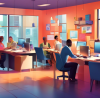 Digital artwork depicting a modern, bustling tax preparation office with diverse clients being assisted by professionals at computers, and a serene corner where an individual is filing taxes online on a laptop, surrounded by helpful icons and infographics.