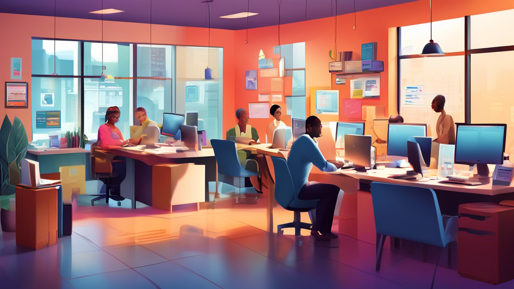 Digital artwork depicting a modern, bustling tax preparation office with diverse clients being assisted by professionals at computers, and a serene corner where an individual is filing taxes online on a laptop, surrounded by helpful icons and infographics.