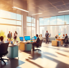 Image of a modern, spacious office with diverse professionals sitting at desks with computers, assisting clients with tax returns, large windows showing a sunny day outside, and posters on the wall illustrating tips for choosing a reliable tax service.