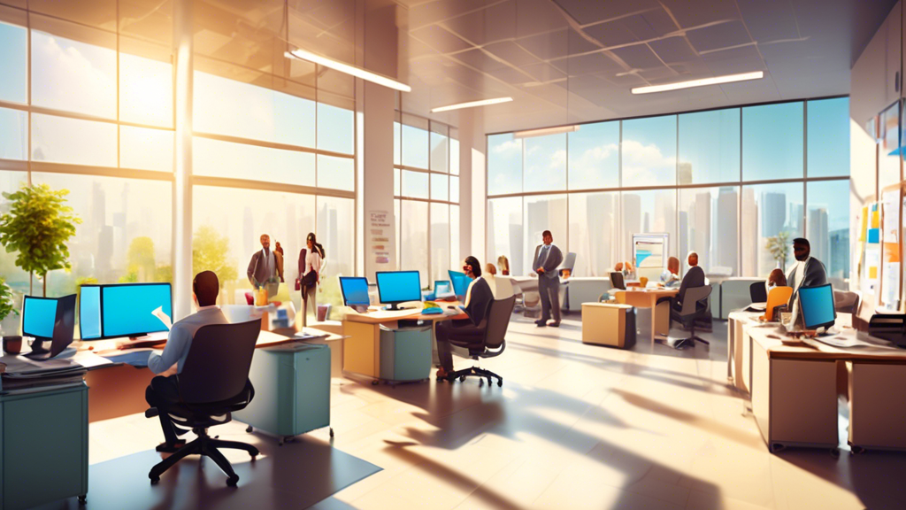 Image of a modern, spacious office with diverse professionals sitting at desks with computers, assisting clients with tax returns, large windows showing a sunny day outside, and posters on the wall illustrating tips for choosing a reliable tax service.