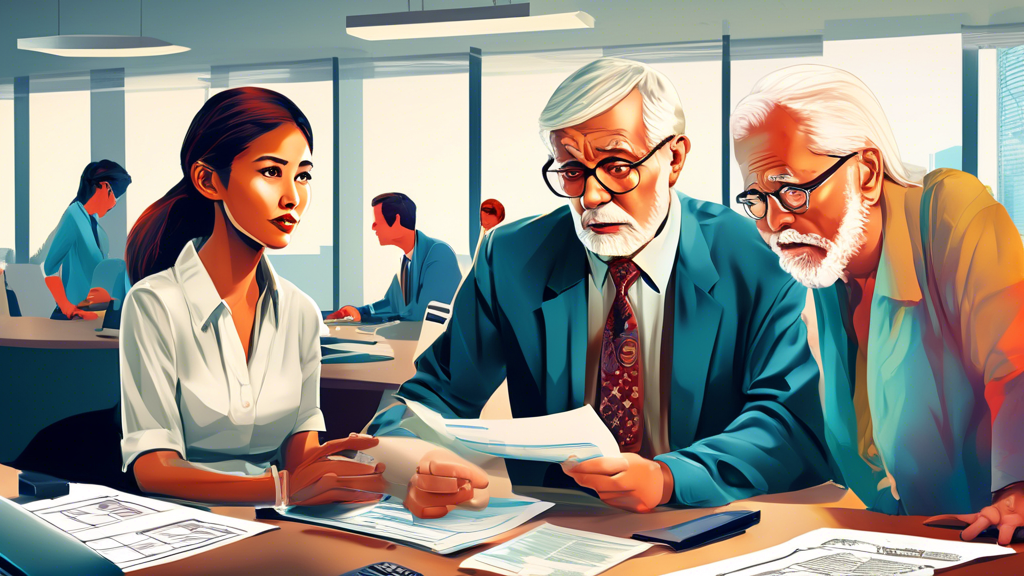 An illustration of a diverse group of people, including a young Asian woman, an elderly Caucasian man, and a Middle-Eastern male, attentively discussing with a professional tax advisor in a modern office setting, surrounded by documents, calculators, and computers displaying tax software.