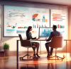 A sophisticated office setting with a financial advisor and a client looking at a computer screen displaying graphs and charts about investments, while discussing documents scattered on the table, in