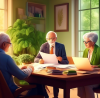 An elderly couple consulting with a professional tax advisor in a cozy office, with documents and a laptop on the desk, surrounded by green plants and soft lighting.