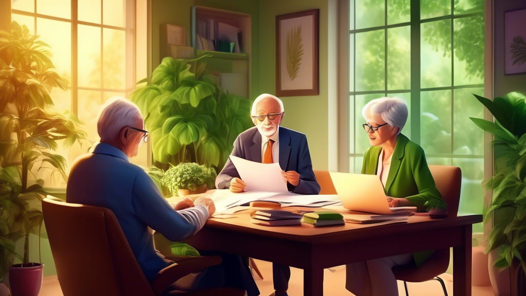 An elderly couple consulting with a professional tax advisor in a cozy office, with documents and a laptop on the desk, surrounded by green plants and soft lighting.