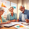 An elderly couple consulting with a friendly AARP tax advisor in a cozy, well-lit office, surrounded by tax forms and a laptop showing graphs of financial data.