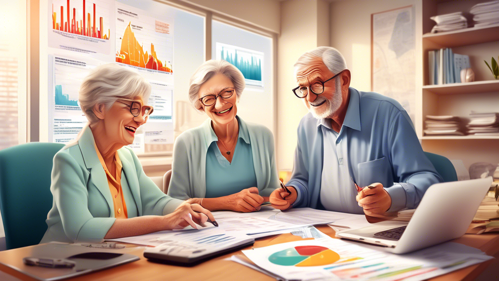 An elderly couple consulting with a friendly AARP tax advisor in a cozy, well-lit office, surrounded by tax forms and a laptop showing graphs of financial data.