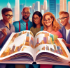 Digital illustration of a diverse group of people looking at a giant open book titled 'Affordable Tax Services Guide' with a cityscape in the background, emphasizing a sense of community and knowledge sharing.