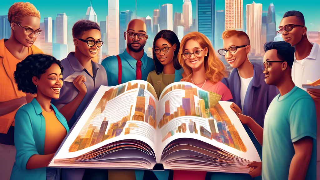 Digital illustration of a diverse group of people looking at a giant open book titled 'Affordable Tax Services Guide' with a cityscape in the background, emphasizing a sense of community and knowledge sharing.