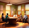 An inviting and cozy consultation room with a friendly, professional tax preparer sitting across from a diverse group of clients at a wooden table, discussing documents in a warmly-lit, comfortable office environment.