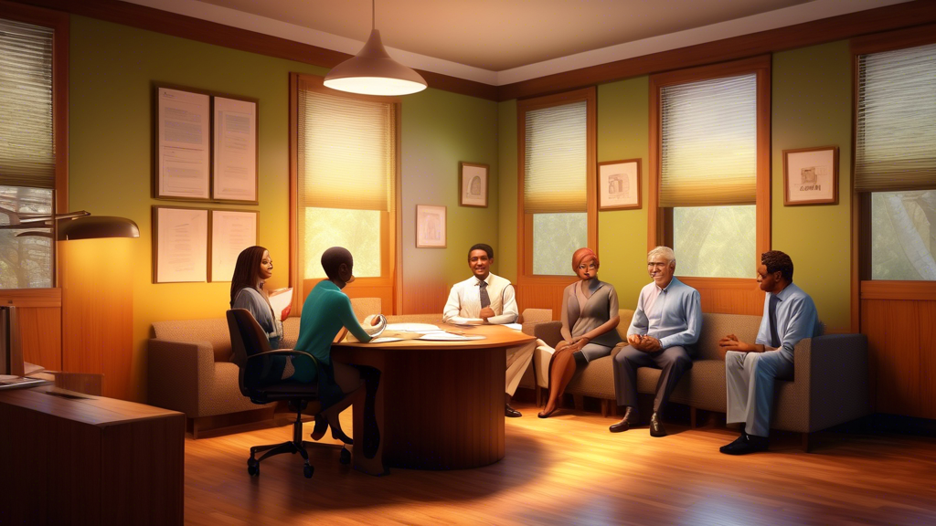 An inviting and cozy consultation room with a friendly, professional tax preparer sitting across from a diverse group of clients at a wooden table, discussing documents in a warmly-lit, comfortable office environment.