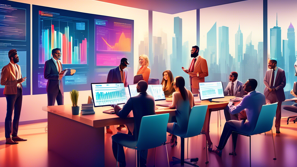 An artistic depiction of a diverse group of people consulting with a professional tax advisor in a modern, well-lit office, showing digital screens displaying graphs and tax forms.