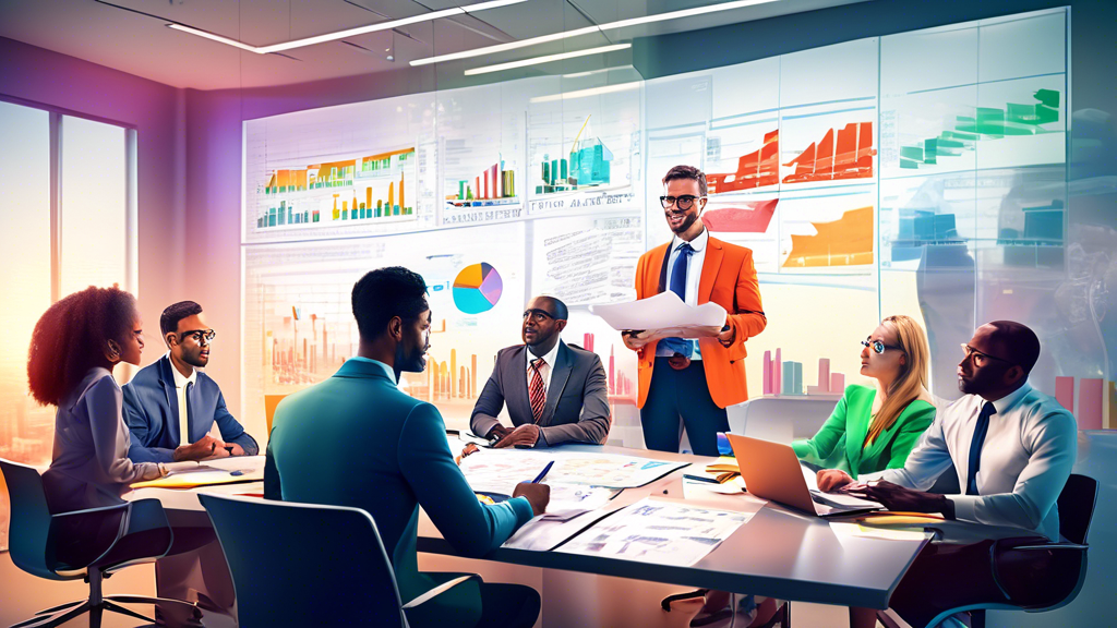 An image of a professional business tax preparer consulting with a diverse group of small business owners in a bright, modern office environment, highlighting various important documents and financial charts displayed on a digital screen.