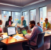 An engaging and detailed digital painting of a diverse group of professional income tax preparers in a modern, well-lit office, discussing documents and working on computers, with visible certificates of accreditation hanging on the wall.