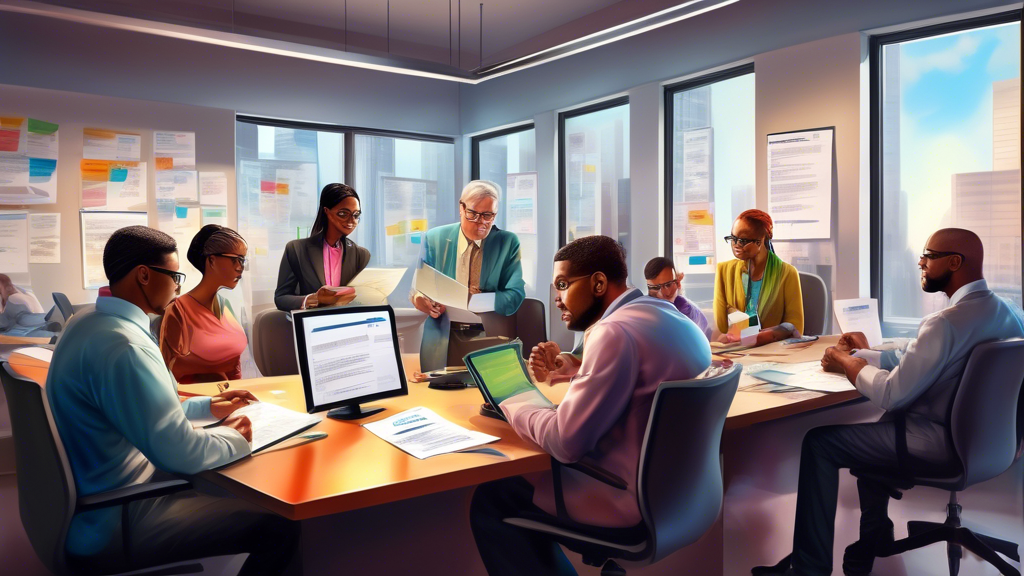 An engaging and detailed digital painting of a diverse group of professional income tax preparers in a modern, well-lit office, discussing documents and working on computers, with visible certificates of accreditation hanging on the wall.