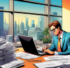 An illustration of a person surrounded by stacks of tax forms, calculator, and a laptop, consulting with a friendly and professional-looking tax accountant in a modern office environment, with a bright window showing a busy cityscape in the background.