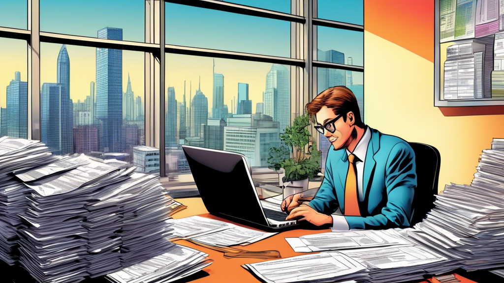 An illustration of a person surrounded by stacks of tax forms, calculator, and a laptop, consulting with a friendly and professional-looking tax accountant in a modern office environment, with a bright window showing a busy cityscape in the background.