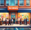 Digital painting of a bustling modern tax office with diverse people consulting professionals, visible outdoor signage saying 'Tax Services Near Me', set in a friendly urban neighborhood.