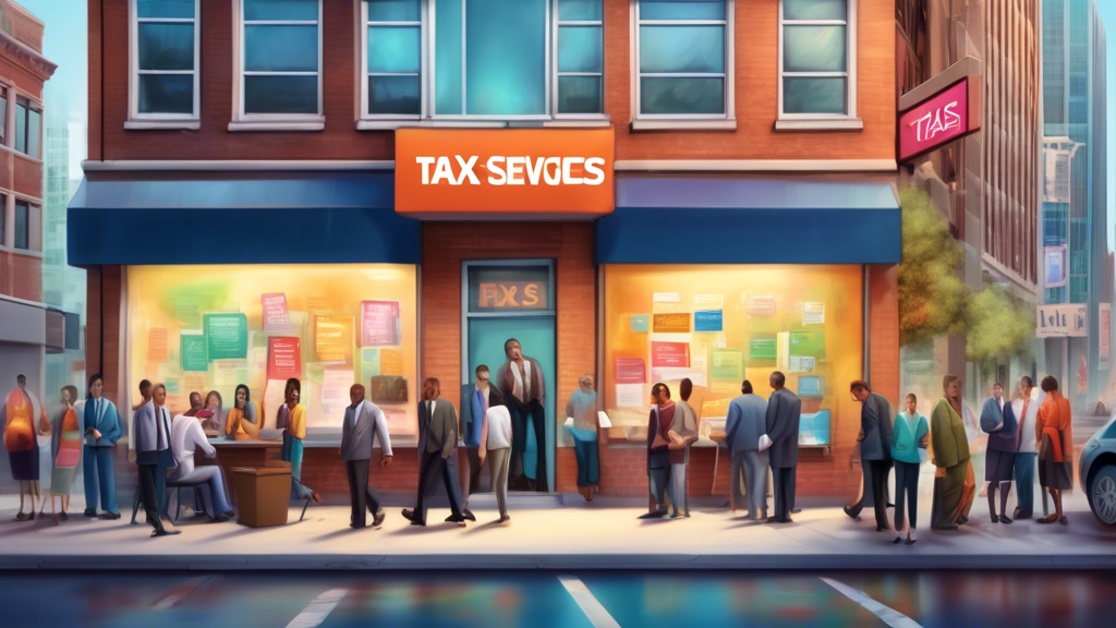 Digital painting of a bustling modern tax office with diverse people consulting professionals, visible outdoor signage saying 'Tax Services Near Me', set in a friendly urban neighborhood.