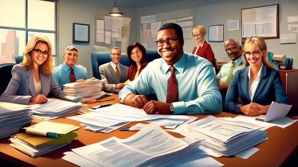 An illustration of a friendly and professional tax preparer sitting in a well-organized office, surrounded by tax forms and financial documents, engaging warmly with a diverse group of clients who are reviewing documents.