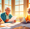 An elderly couple sitting at a kitchen table, surrounded by tax forms and a laptop, receiving tax advice from a friendly younger consultant, with a bright window showing a sunny day outside.