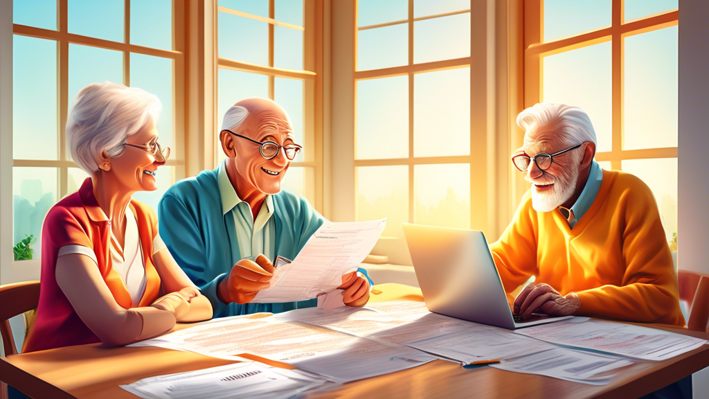 An elderly couple sitting at a kitchen table, surrounded by tax forms and a laptop, receiving tax advice from a friendly younger consultant, with a bright window showing a sunny day outside.