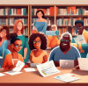 An illustration of a diverse group of people of different ages and ethnicities sitting around a large table filled with tax forms, calculators, and laptops, with a big sign that reads 'Free Tax Filing 2021' in a friendly, modern library setting.