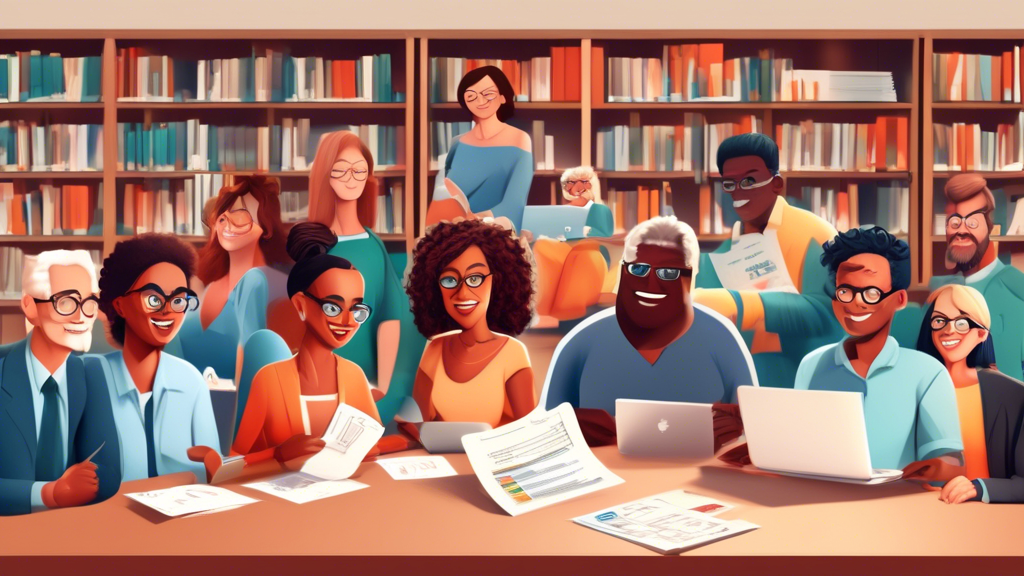 An illustration of a diverse group of people of different ages and ethnicities sitting around a large table filled with tax forms, calculators, and laptops, with a big sign that reads 'Free Tax Filing 2021' in a friendly, modern library setting.