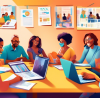 A digital illustration of a diverse group of people sitting together at a large table filled with laptops, documents, and calculators, actively engaging in a cheerful joint tax preparation session in a sunny, modern community center with IRS Free Tax Filing Options 2021 posters on the walls.