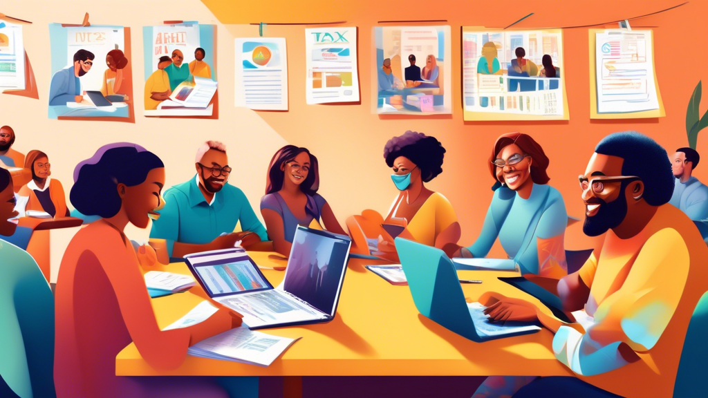 A digital illustration of a diverse group of people sitting together at a large table filled with laptops, documents, and calculators, actively engaging in a cheerful joint tax preparation session in a sunny, modern community center with IRS Free Tax Filing Options 2021 posters on the walls.