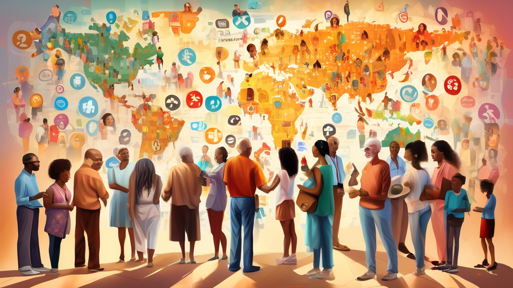 Digital painting of a diverse group of people of different ages and ethnicities gathered around a large map dotted with symbols representing free tax services, in a sunlit, community center setting.