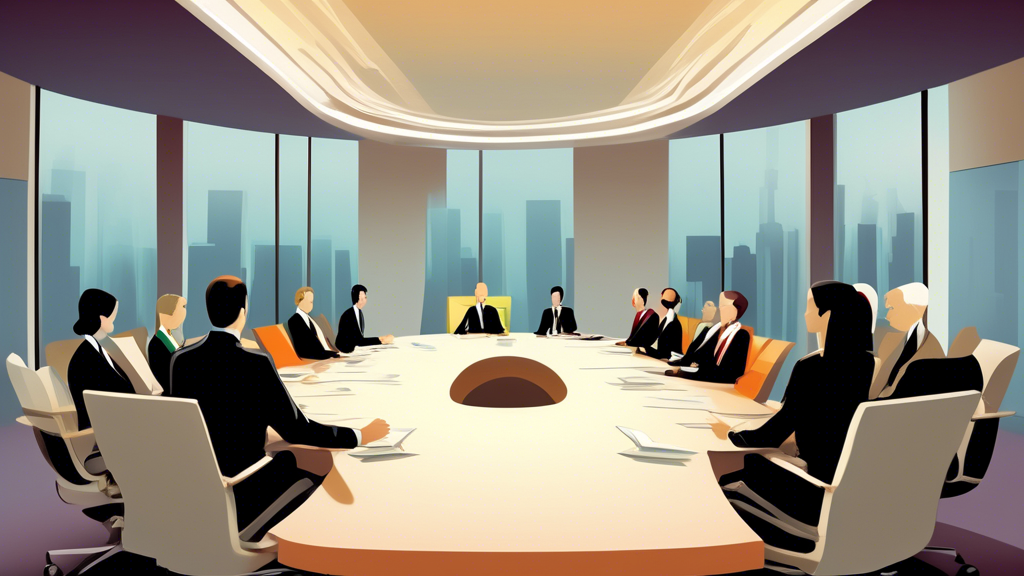 An elegant corporate boardroom meeting, with a diverse group of business executives discussing strategy. One seat remains empty, symbolically reserved for a silent partner, with an SEC logo visible on