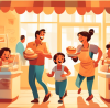 An illustration of a cheerful family, parents and two children, running a small bakery together, with the children taking customer orders and parents baking, in a warm, inviting style, emphasizing a s