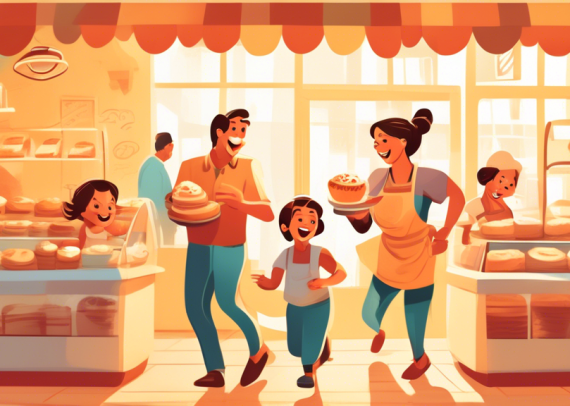 An illustration of a cheerful family, parents and two children, running a small bakery together, with the children taking customer orders and parents baking, in a warm, inviting style, emphasizing a s