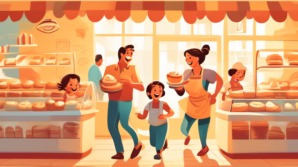 An illustration of a cheerful family, parents and two children, running a small bakery together, with the children taking customer orders and parents baking, in a warm, inviting style, emphasizing a s