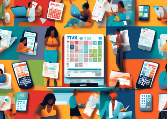 An illustrative collage depicting a diverse group of people from various backgrounds using different devices (laptops, tablets, and smartphones) to access the top free tax filing services of 2027, surrounded by digital icons representing different tax forms and calculators, set against a backdrop of a giant calendar marked with the tax deadline.