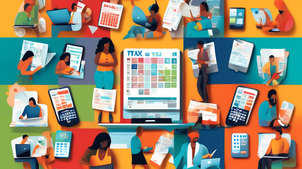 An illustrative collage depicting a diverse group of people from various backgrounds using different devices (laptops, tablets, and smartphones) to access the top free tax filing services of 2027, surrounded by digital icons representing different tax forms and calculators, set against a backdrop of a giant calendar marked with the tax deadline.