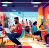 Digital painting of a diverse group of people joyfully discussing and comparing different tax filing software on their laptops and tablets, in a bright, modern co-working space with a large sign that reads 'Top Free Tax Filing Services 2023' in bold colors.