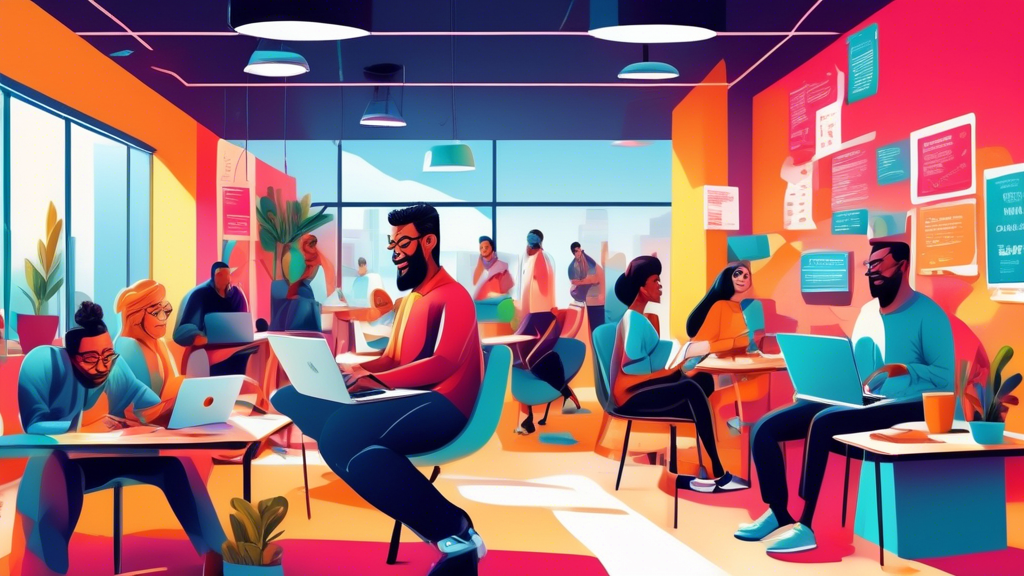 Digital painting of a diverse group of people joyfully discussing and comparing different tax filing software on their laptops and tablets, in a bright, modern co-working space with a large sign that reads 'Top Free Tax Filing Services 2023' in bold colors.