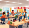 An inviting community center with a bright sign reading 'Free Tax Help Here!', featuring a diverse group of people of different ages and ethnicities happily receiving assistance from friendly volunteers at modern desks equipped with computers, in a well-lit, cheerful indoor setting.