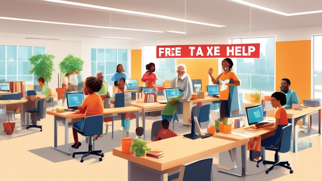 An inviting community center with a bright sign reading 'Free Tax Help Here!', featuring a diverse group of people of different ages and ethnicities happily receiving assistance from friendly volunteers at modern desks equipped with computers, in a well-lit, cheerful indoor setting.