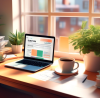 Create an image of a cozy home office setup with a laptop open on a desk displaying a webpage titled Easy Tax Filing Online, surrounded by tax forms, a calculator, a cup of coffee, and a small potted plant, with soft morning light filtering through a nearby window.