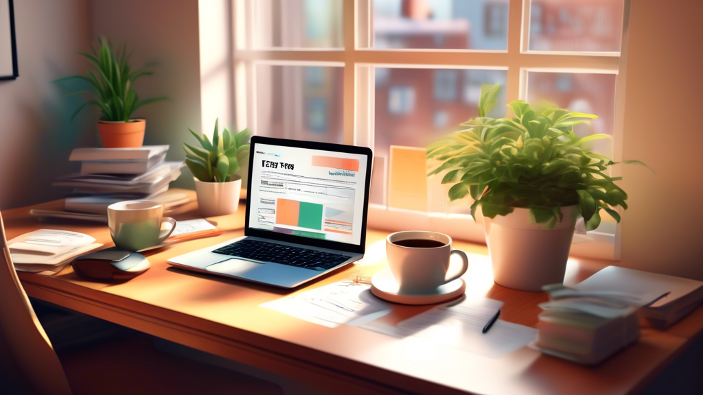 Create an image of a cozy home office setup with a laptop open on a desk displaying a webpage titled Easy Tax Filing Online, surrounded by tax forms, a calculator, a cup of coffee, and a small potted plant, with soft morning light filtering through a nearby window.