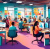 A digital collage illustrating a series of diverse people of various ethnicities, each sitting at computers and efficiently using different top free tax websites to file their taxes, with visible screens displaying simplified, user-friendly interfaces, all set in a bright, modern co-working space.