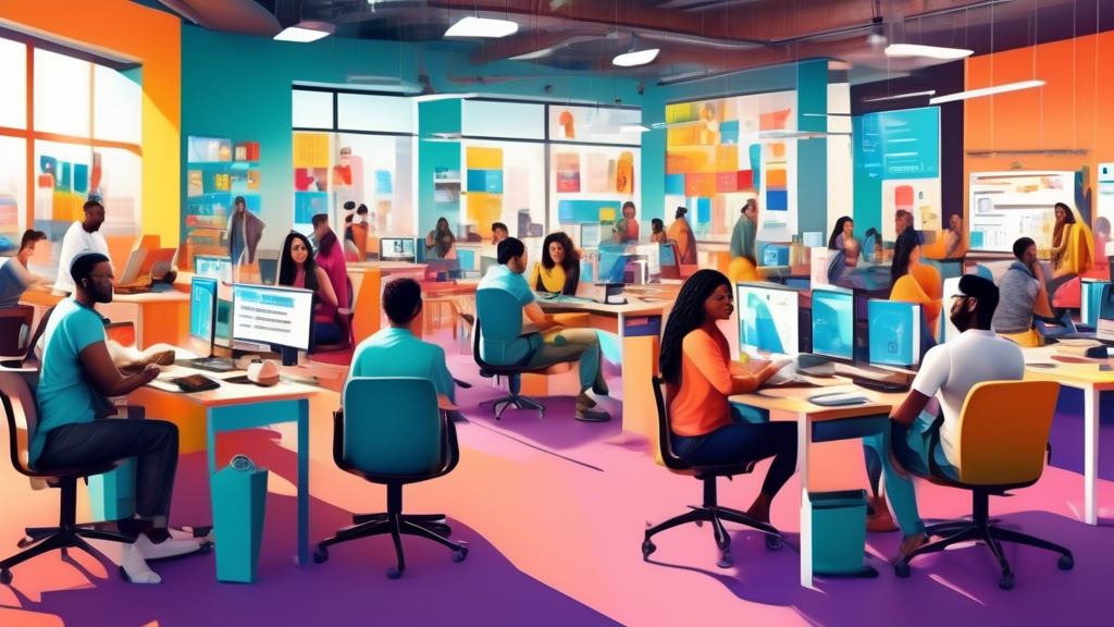 A digital collage illustrating a series of diverse people of various ethnicities, each sitting at computers and efficiently using different top free tax websites to file their taxes, with visible screens displaying simplified, user-friendly interfaces, all set in a bright, modern co-working space.