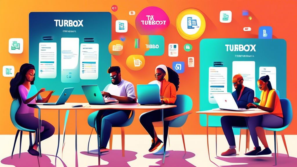 A digital illustration of a diverse group of people using various devices (laptops, tablets, smartphones) happily engaged in filing their taxes online, with visible logos of popular free tax filing services (like TurboTax and H&R Block) on the screens, set in a bright, modern co-working space.